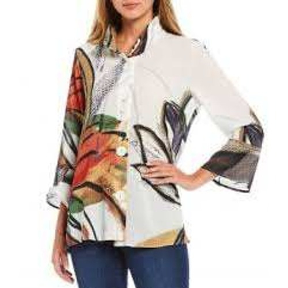 Ali Miles Printed Wire Neck Bell Sleeve Jacket Top Womens 2X Artsy Tunic